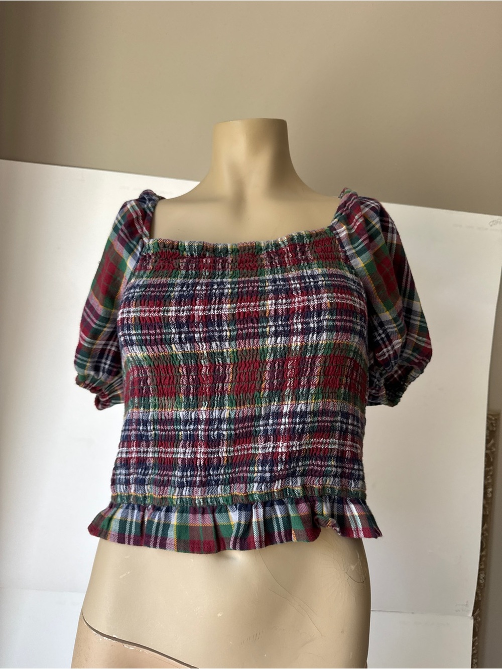 American Eagle Outfitters Multicolor Plaid Smocked Crop Top